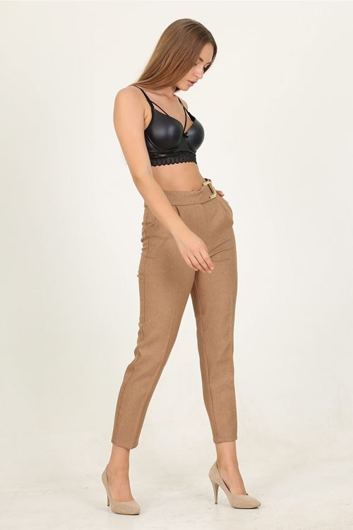 Kadın Camel Metal Kemerli Cepli Ofis Pantolon Qns028