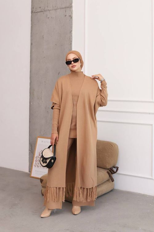 kadın camel tesettür üçlü triko takım NMS021