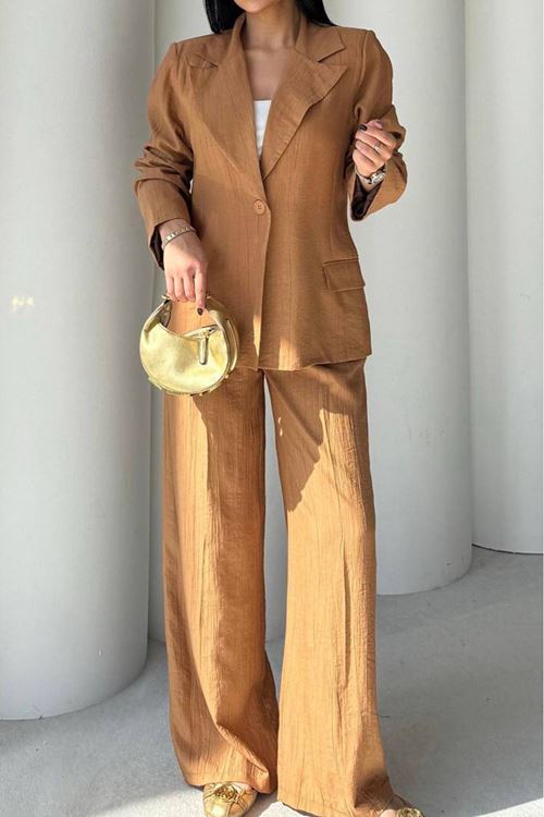 kadın camel oversize tek düğmeli blazer ceket pantolon takım NBSTR4085