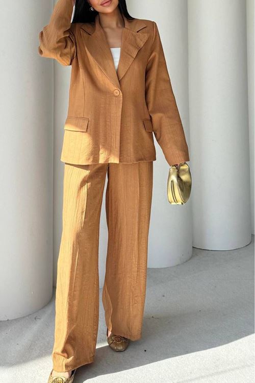 kadın camel oversize tek düğmeli blazer ceket pantolon takım NBSTR4085