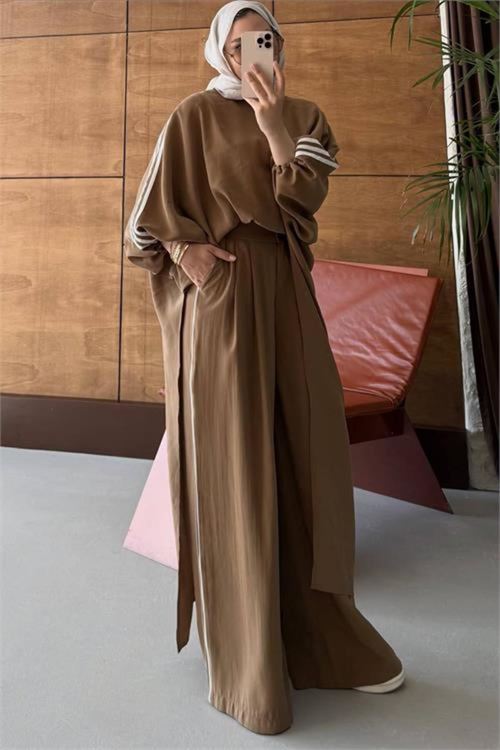 kadın camel şerit detaylı oversize tunik pantolon ikili tesettür takım NMS102