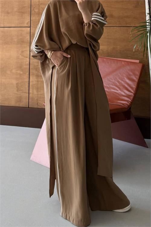 kadın camel şerit detaylı oversize tunik pantolon ikili tesettür takım NMS102