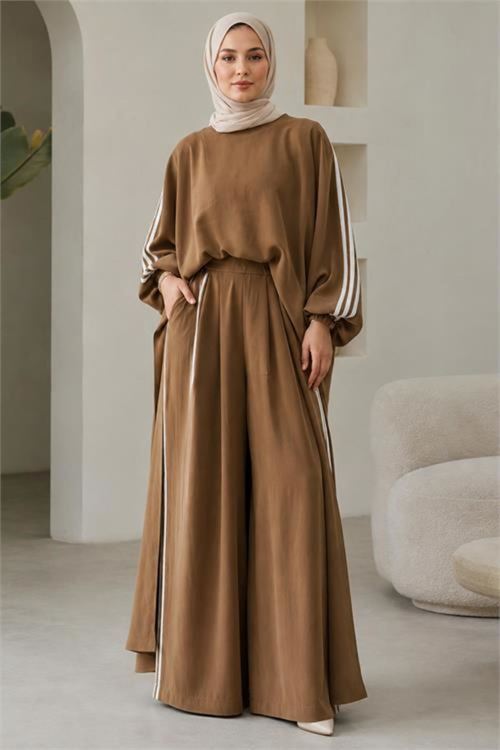 kadın camel şerit detaylı oversize tunik pantolon ikili tesettür takım NMS102