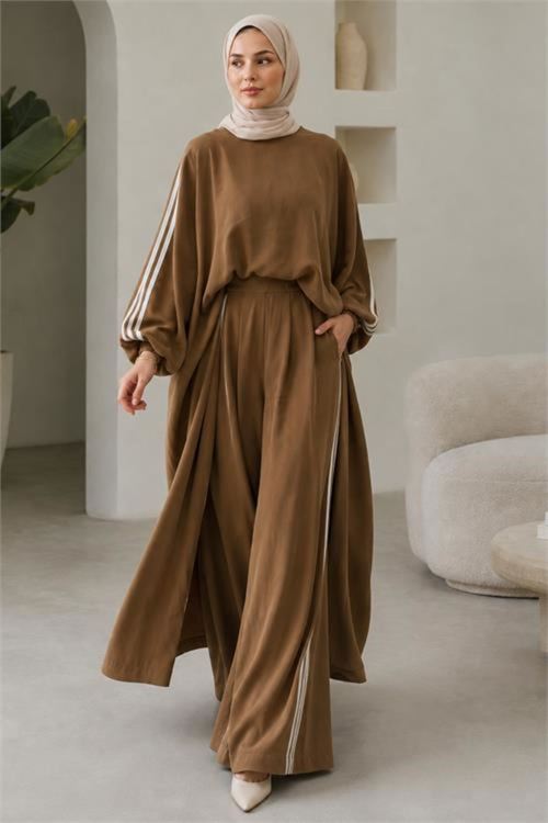 kadın camel şerit detaylı oversize tunik pantolon ikili tesettür takım NMS102
