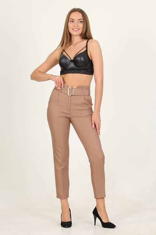 Kadın Camel Kemerli Yüksek Bel Havuç Pantolon Qns033