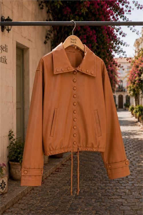 kadın camel modern duruşlu çıtçıt detaylı oversize suni deri ceket NBHT02