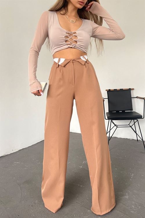 Kadın Camel Bol Paça Palazzo Kumaş Pantolon Qns036