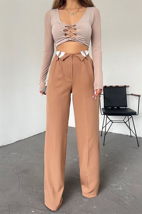 Kadın Camel Bol Paça Palazzo Kumaş Pantolon Qns036