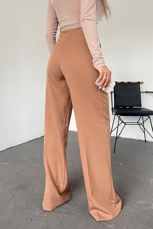 Kadın Camel Bol Paça Palazzo Kumaş Pantolon Qns036
