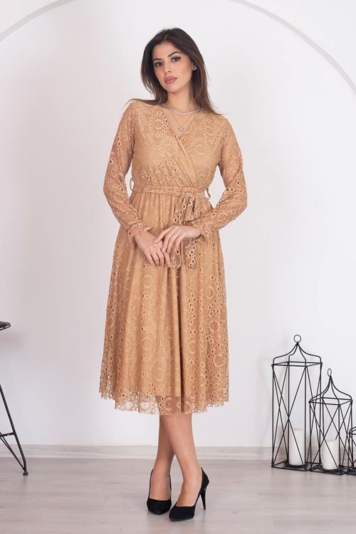 Kadın Camel Kuşaklı Kruvaze Yaka Astarlı Dantel Elbise Rssn31