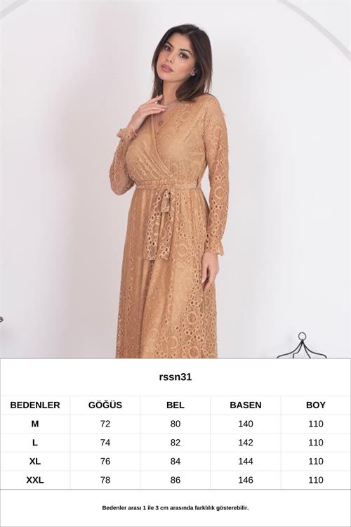 Kadın Camel Kuşaklı Kruvaze Yaka Astarlı Dantel Elbise Rssn31