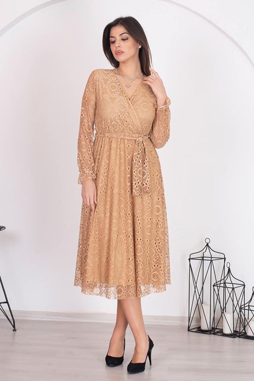 Kadın Camel Kuşaklı Kruvaze Yaka Astarlı Dantel Elbise Rssn31