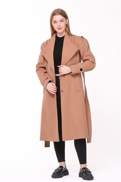 kadın midi oversize yün kaşe kaban NBPLTN03 - Camel