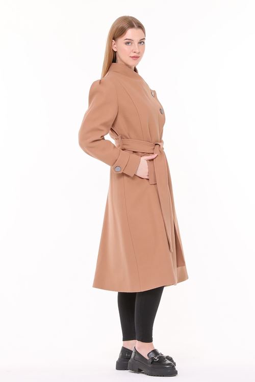 kadın midi oversize yün kaşe kaban NBPLTN03 - Camel