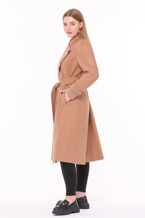 kadın midi oversize yün kaşe kaban NBPLTN03 - Camel