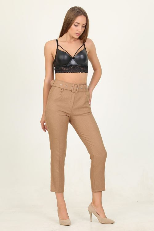 Kadın Camel Cepli Kemer Detaylı Kumaş Pantolon Qns026