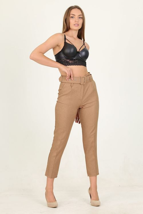 Kadın Camel Cepli Kemer Detaylı Kumaş Pantolon Qns026