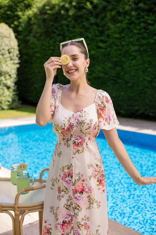 kadın düğme dataylı çiçekli viskon elbise NBMY3529