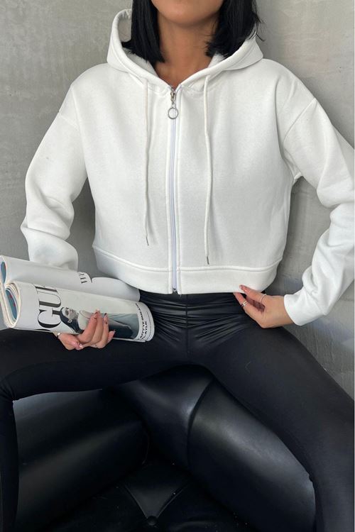 kadın kapüşonlu kısa sweatshirt GTS025 - Ekru