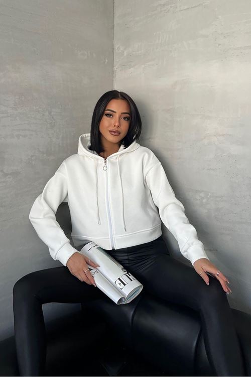 kadın kapüşonlu kısa sweatshirt GTS025 - Ekru
