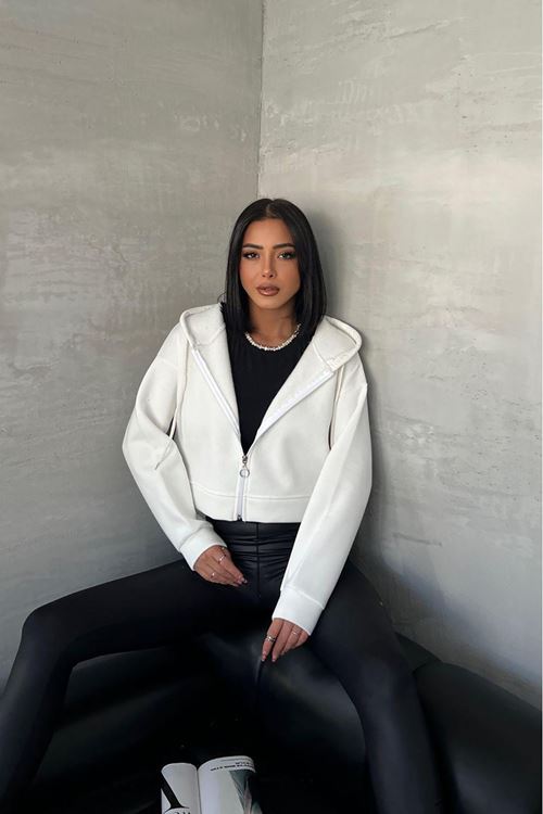 kadın kapüşonlu kısa sweatshirt GTS025 - Ekru