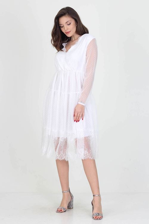 Neseli Butik Kruvaze Yaka Eteği Güpür Detaylı Yeni Sezon Elbise Nb0010