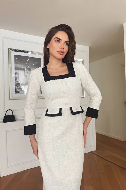 kadın düğme detaylı tüvit kumaş tasarım elbise NBNC3042