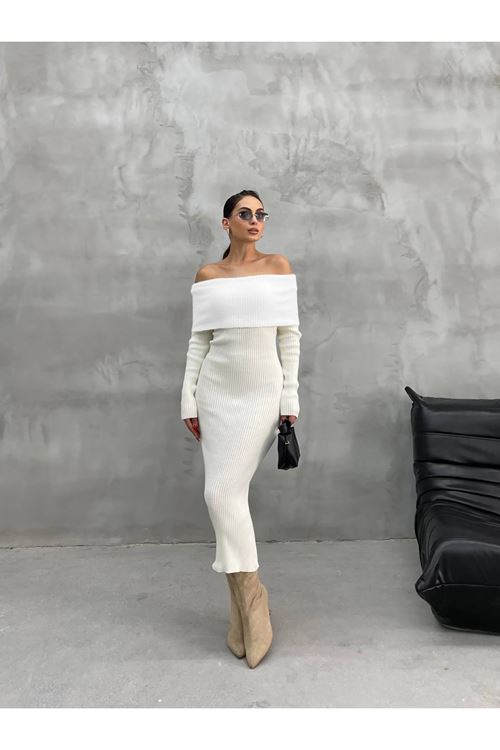 kadın triko ekru madonna yaka uzun elbise NBDM1218