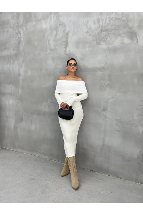 kadın triko ekru madonna yaka uzun elbise NBDM1218