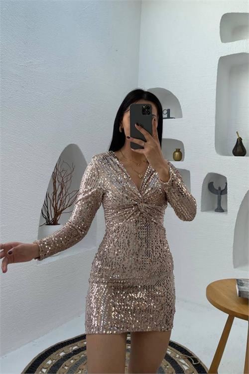 kadın ışıltılı uzun kollu pul payet v yaka mini elbise NBMY3649