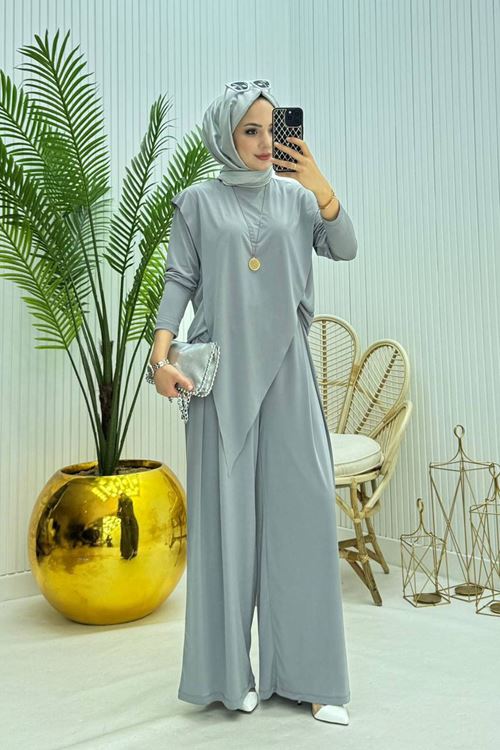 kadın candy kumaş asimetrik kesim tunik pantolon ikili tesettür takım NMS072