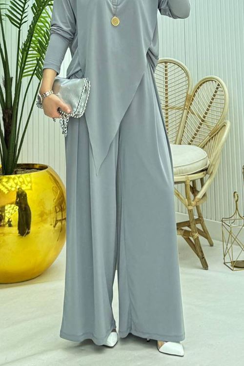 kadın candy kumaş asimetrik kesim tunik pantolon ikili tesettür takım NMS072