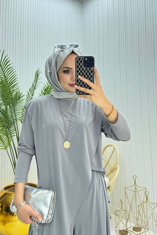 kadın candy kumaş asimetrik kesim tunik pantolon ikili tesettür takım NMS072