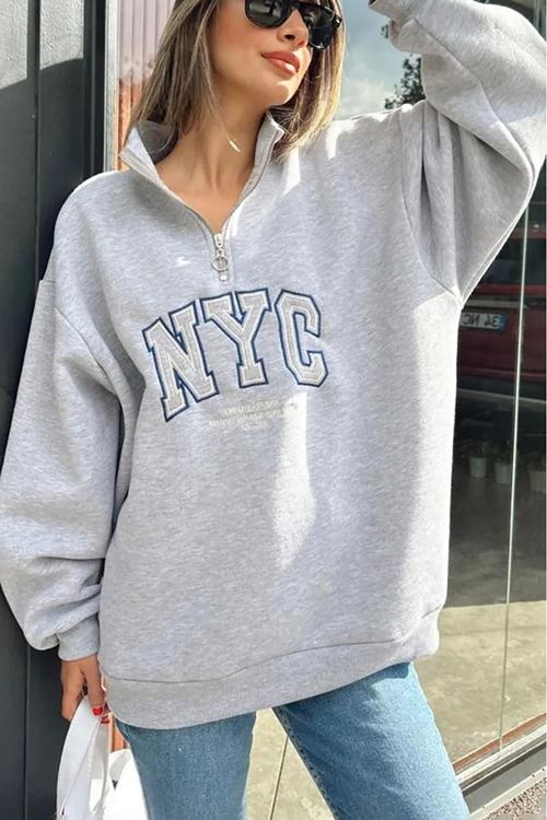 kadın gri içi polar nakışlı sweat NBG033