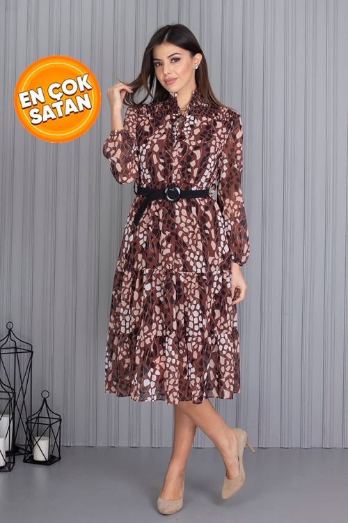 Neseli Butik Kadın Elbise Kahverengi Kemerli Leopar Desenli Şifon Elbise Apcx04