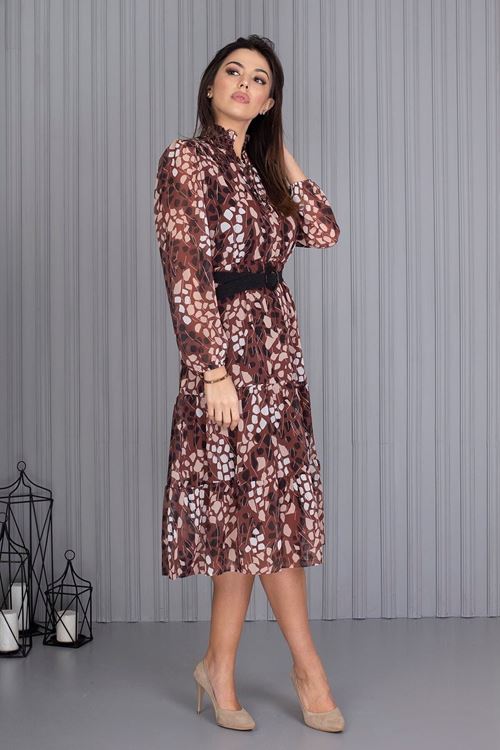 Neseli Butik Kadın Elbise Kahverengi Kemerli Leopar Desenli Şifon Elbise Apcx04