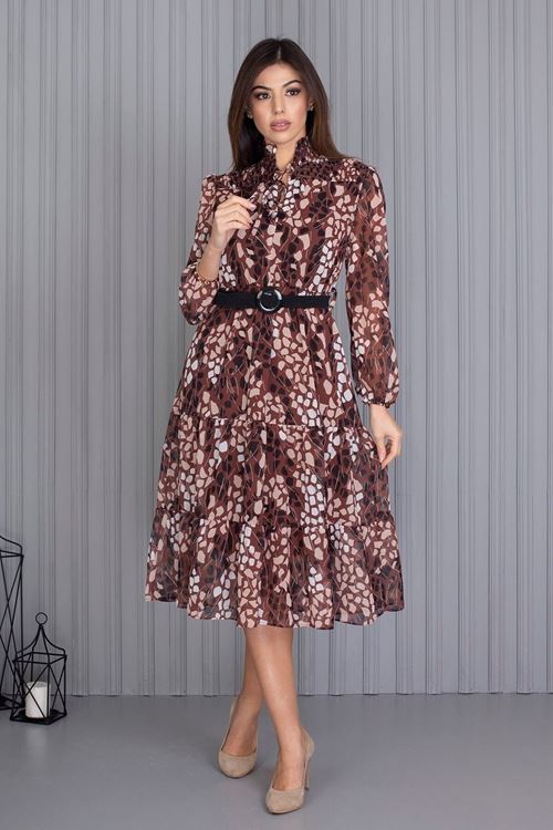 Neseli Butik Kadın Elbise Kahverengi Kemerli Leopar Desenli Şifon Elbise Apcx04