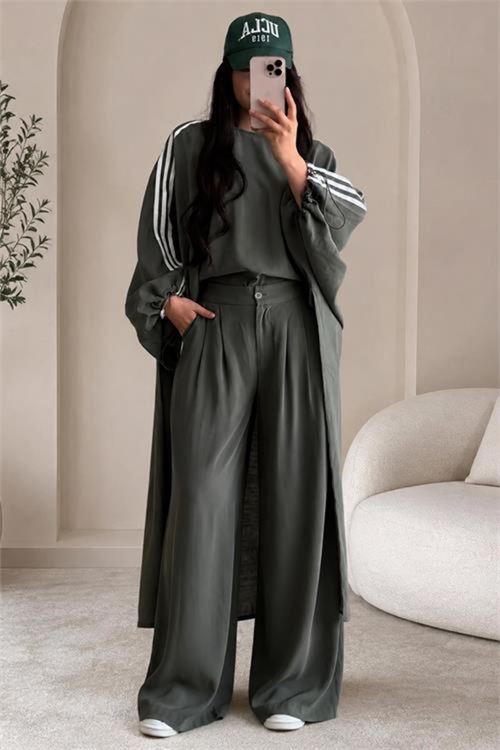 kadın haki şerit detaylı oversize tunik pantolon ikili tesettür takım NMS102
