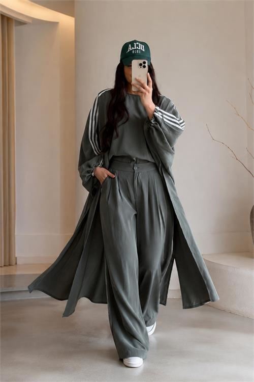 kadın haki şerit detaylı oversize tunik pantolon ikili tesettür takım NMS102