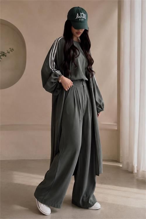 kadın haki şerit detaylı oversize tunik pantolon ikili tesettür takım NMS102