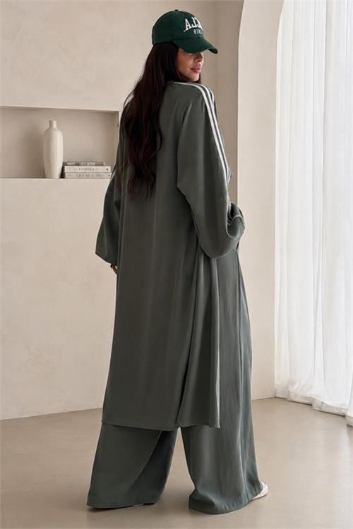 kadın haki şerit detaylı oversize tunik pantolon ikili tesettür takım NMS102