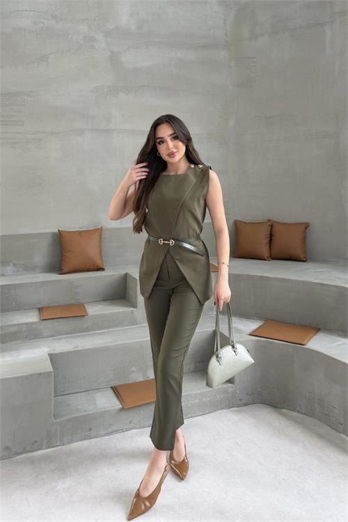 kadın haki omuz düğme detaylı kolsuz blazer pantolon takım ---NBTKM4061