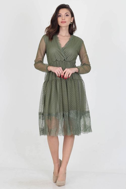 Neseli Butik Kruvaze Yaka Eteği Güpür Detaylı Yeni Sezon Elbise Nb0010