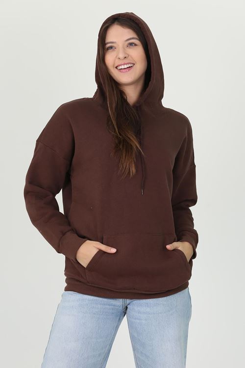 Kadın Kahverengi Kapüşonlu Kanguru Cepli Üç Iplik Sweatshirt Fvr002