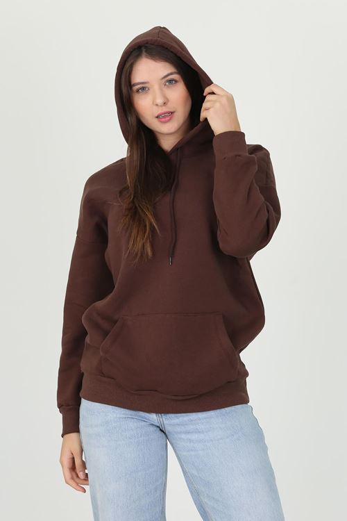 Kadın Kahverengi Kapüşonlu Kanguru Cepli Üç Iplik Sweatshirt Fvr002