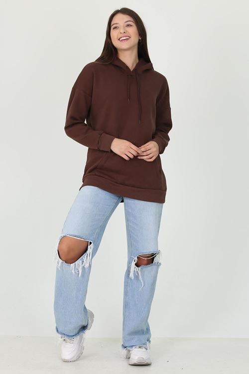 Kadın Kahverengi Kapüşonlu Kanguru Cepli Üç Iplik Sweatshirt Fvr002