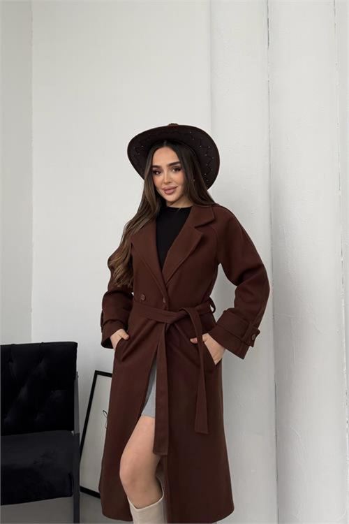 kadın kahverengi kuşaklı reglan kol düğmeli premium kaşe kaban NBKBN01