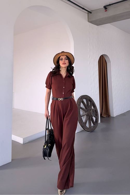 kadın gömlek yaka kemerli geniş paça tulum NBK4197