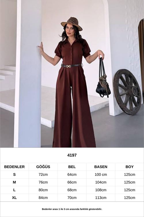 kadın gömlek yaka kemerli geniş paça tulum NBK4197