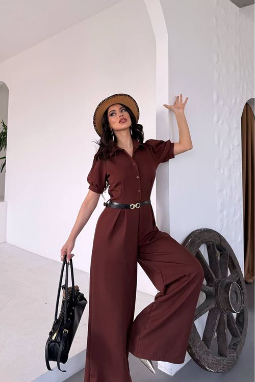 kadın gömlek yaka kemerli geniş paça tulum NBK4197
